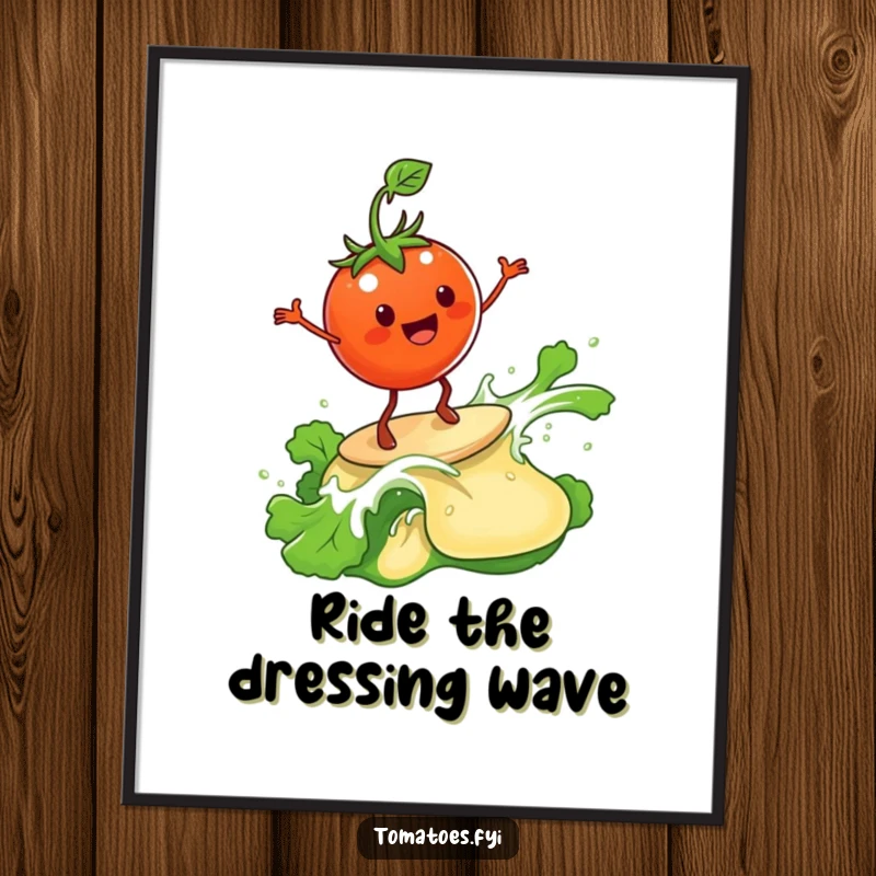 Funny Free Printable Wall Art depicting a happy tomato character shredding a wave of salad dressing.