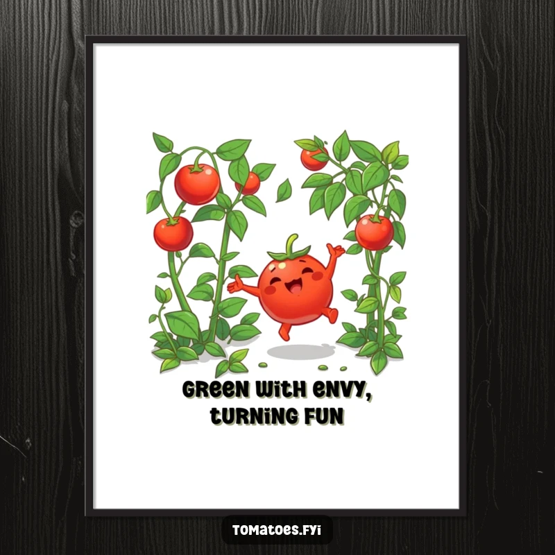 Funny Free Printable Wall Art: A joyful tomato character performing a cartwheel with exuberance amidst green leaves, bringing playful energy to any wall.