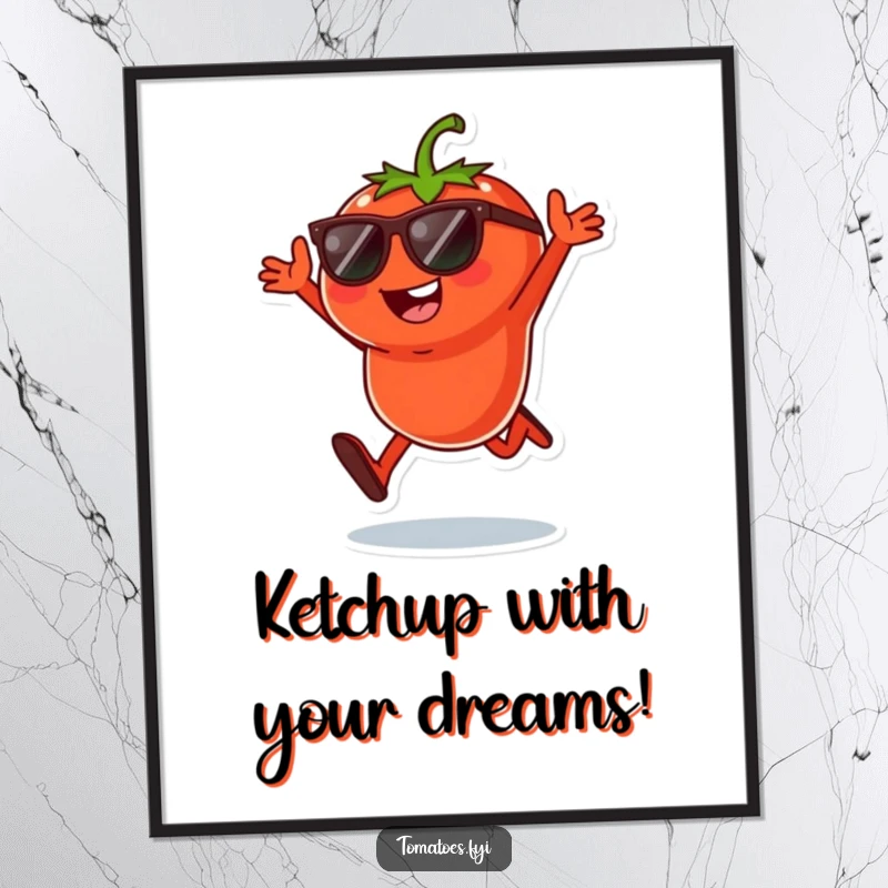 Funny Free Printable Wall Art: A tomato character wearing sunglasses does a playful jump, a stylish and humorous art piece.