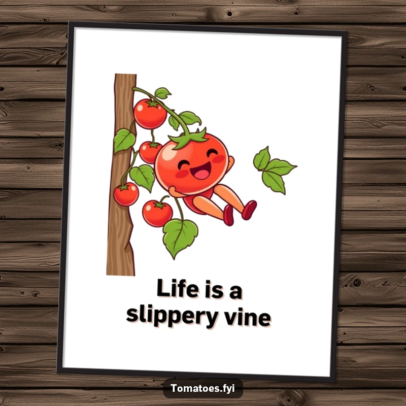 Funny Free Printable Wall Art showing a tomato character gleefully sliding down a vine, a humorous downloadable piece.