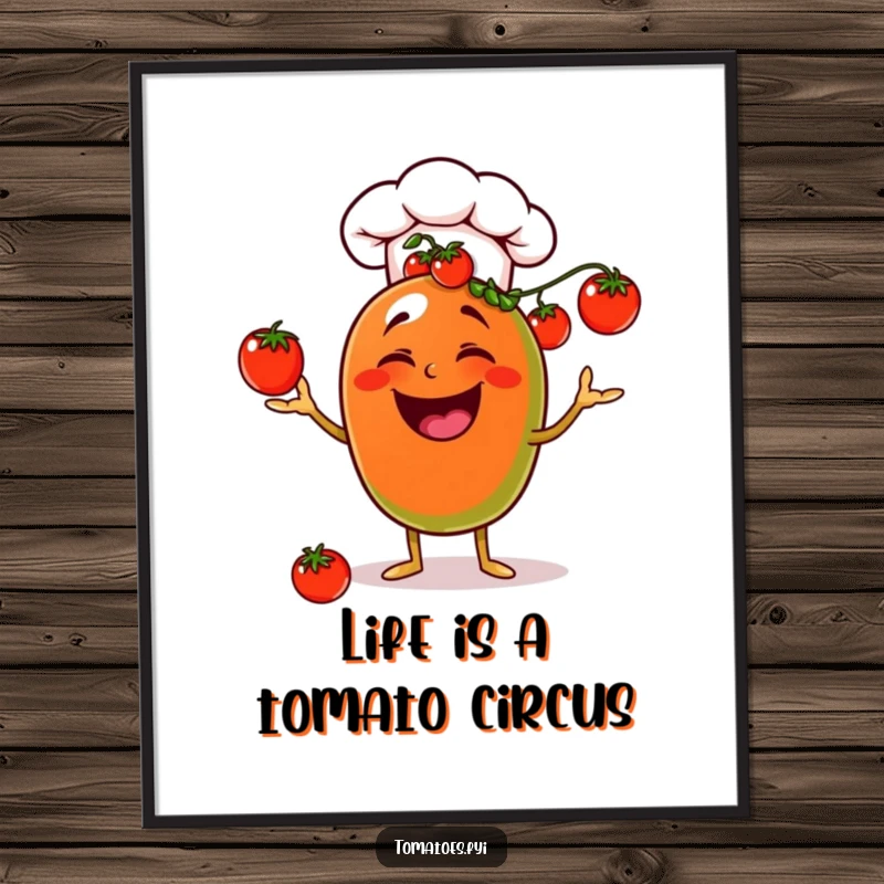 Funny Free Printable Wall Art showcasing a laughing tomato chef wearing a chef hat and juggling cherry tomatoes, a humorous kitchen accent.