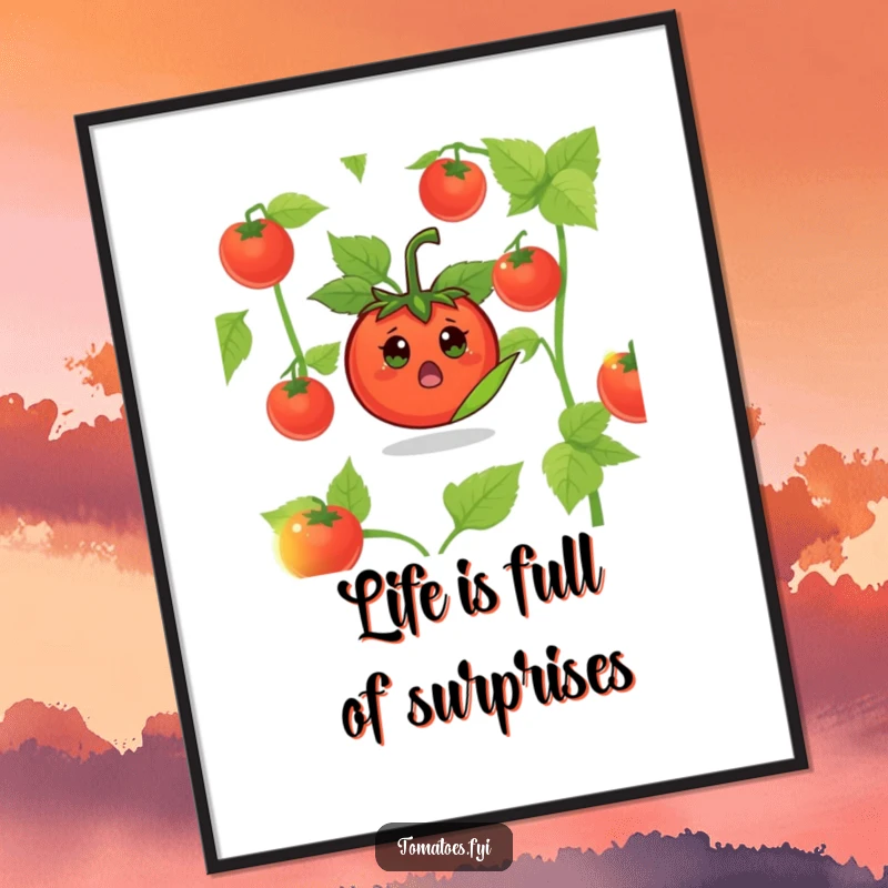 Funny Free Printable Wall Art of a surprised tomato character popping out from a leaf, adding a touch of unexpected humor.