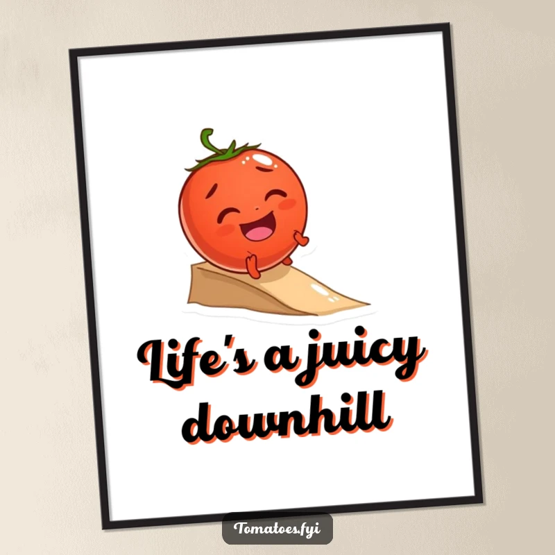 Funny Free Printable Wall Art: Giggling tomato character joyfully rolling down a small incline, whimsical downloadable decor.