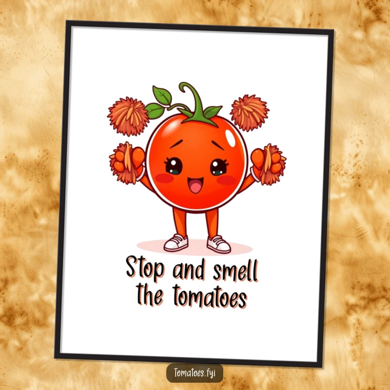 Funny Free Printable Wall Art depicting a determined tomato enthusiastically cheering with tiny pom-poms, a humorous downloadable.