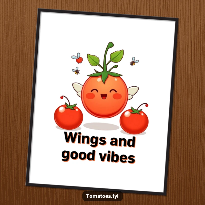 Funny Free Printable Wall Art depicting a cheerful tomato character with tiny wings soaring gracefully.