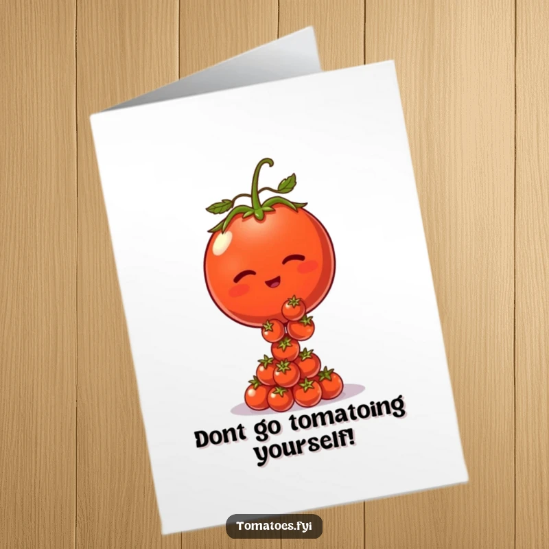 Funny Free Printable tomato birthday card, a winking tomato character precariously balancing a stack of smaller tomatoes.