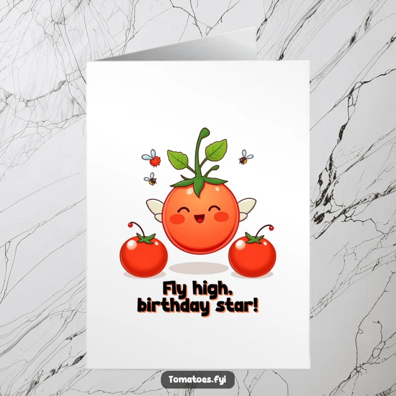 Funny Free Printable Birthday Card showing a cheerful tomato character with little wings joyfully flying through the air.