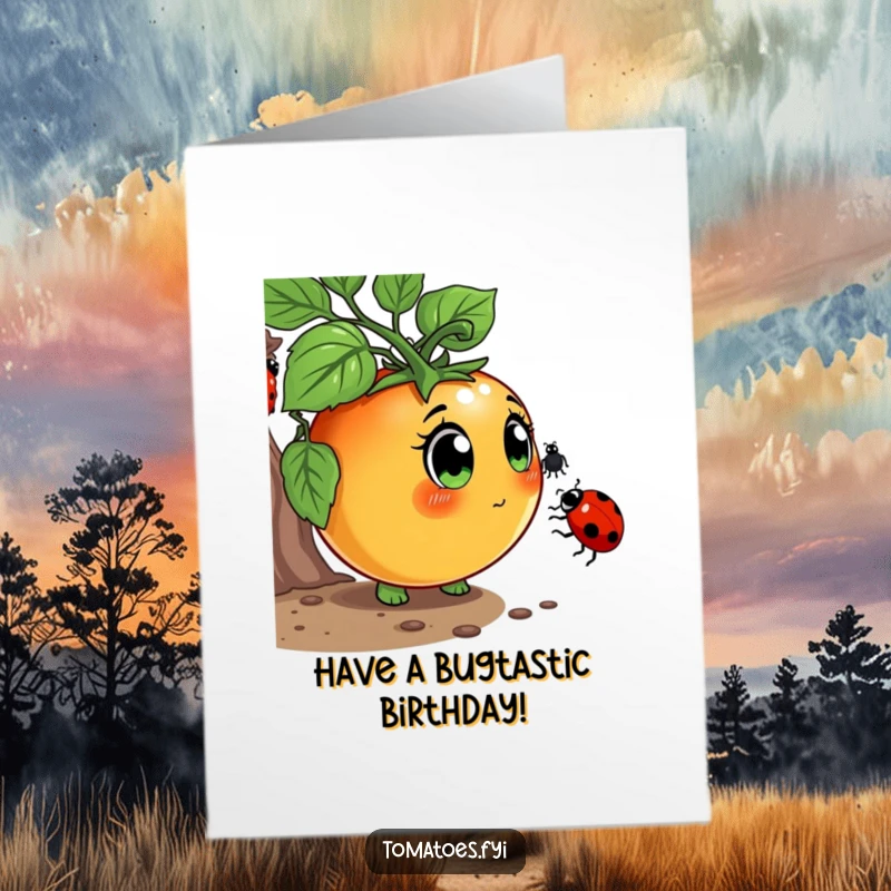 Funny Free Printable Birthday Card: Curious tomato character sniffing a ladybug with wide eyes, wishing a happy birthday.