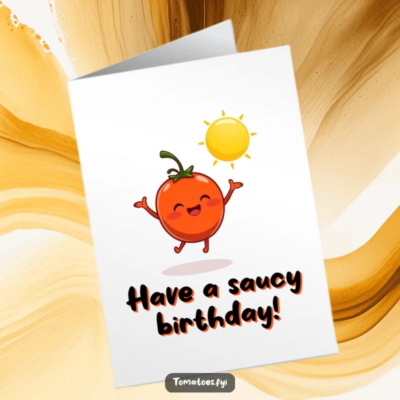 Funny Free Printable Birthday Card: Cheerful tomato character joyfully dances under a bright, smiling sun.