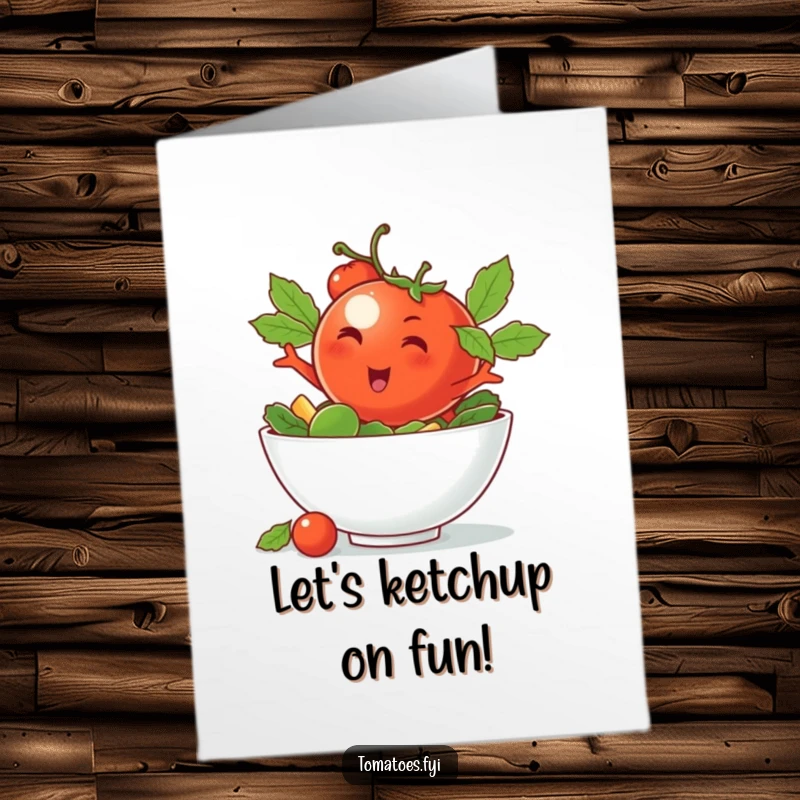 Funny Free Printable Birthday Card: Winking tomato character performs a stylish dive into a fresh salad bowl.