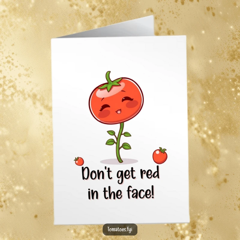 Funny Free Printable Birthday Card: Blushing tomato character comically wobbling on its stem, a delightful DIY gift.
