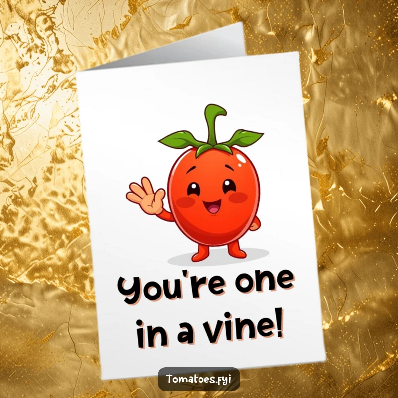Funny Free Printable Birthday Card: Cheerful tomato character waving a friendly hello, bringing smiles with its playful design.