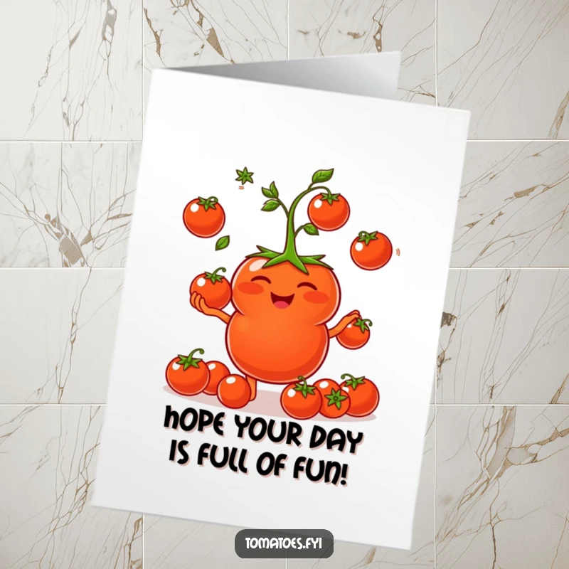 Funny Free Printable Birthday Card showing a giggling tomato character expertly juggling small cherry tomatoes.