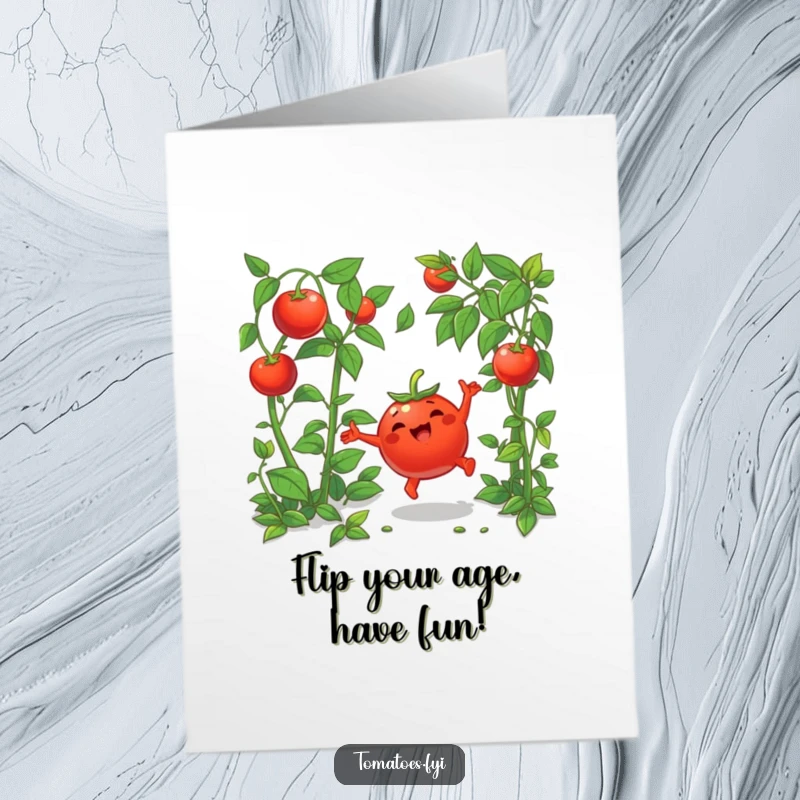 Funny Free Printable Birthday Card: A joyful tomato character performing a cartwheel with glee amidst lush green foliage, radiating pure happiness.
