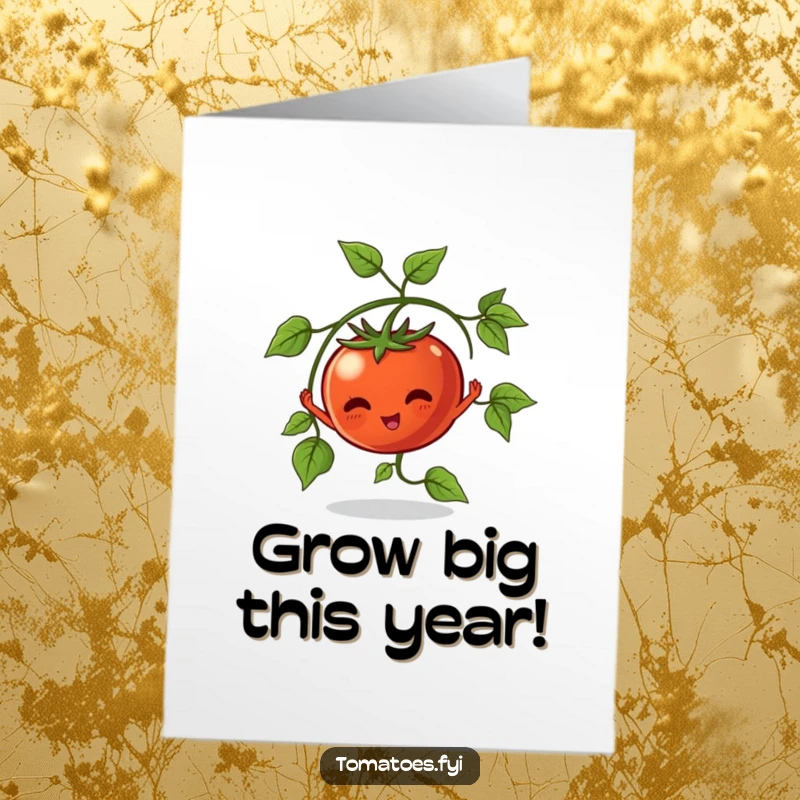Funny Free Printable Birthday Card featuring a vine tomato character happily stretching its leaves towards the sun, symbolizing growth.