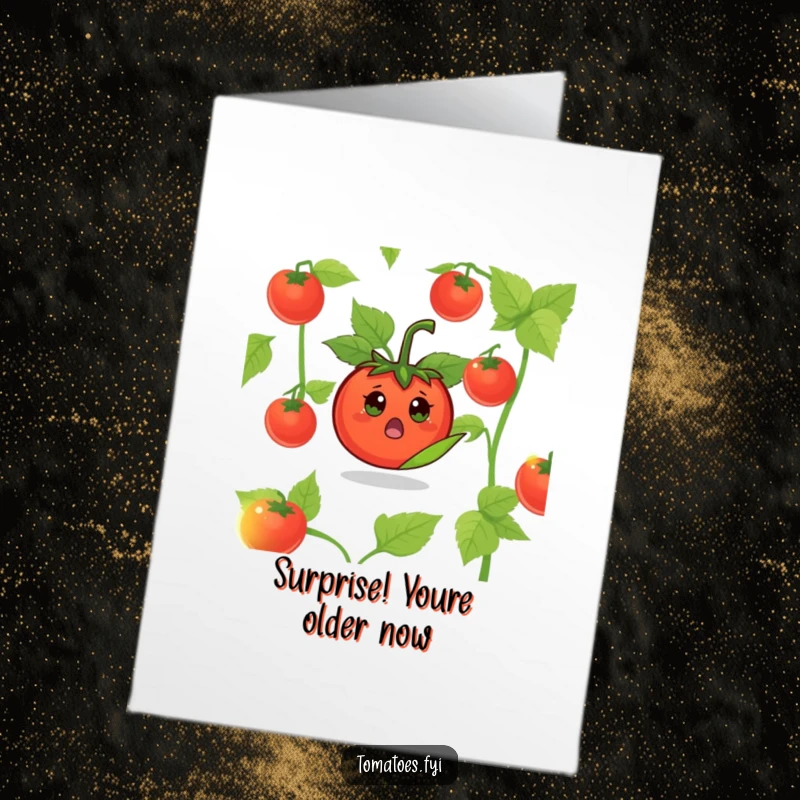 Funny Free Printable Birthday Card of a surprised tomato character popping its head out from behind a green leaf, looking startled.