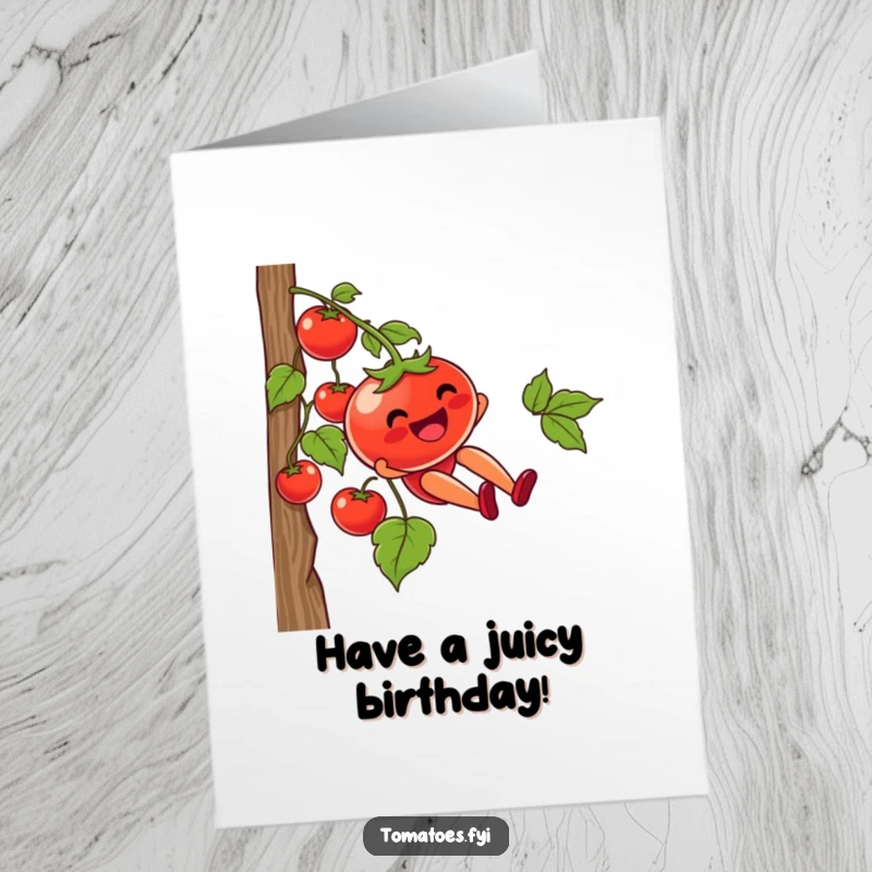 Funny Free Printable Birthday Card featuring a tomato character joyfully sliding down a vine, a playful DIY gift.