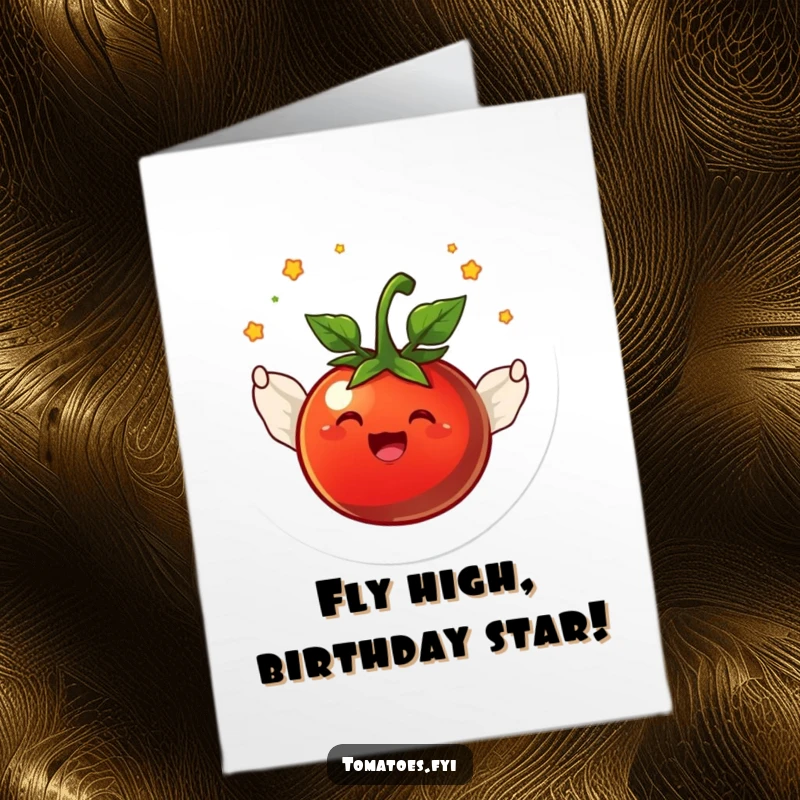 Funny Free Printable Birthday Card: Joyful tomato character sprouting tiny wings and flying in a happy circle, celebrating.