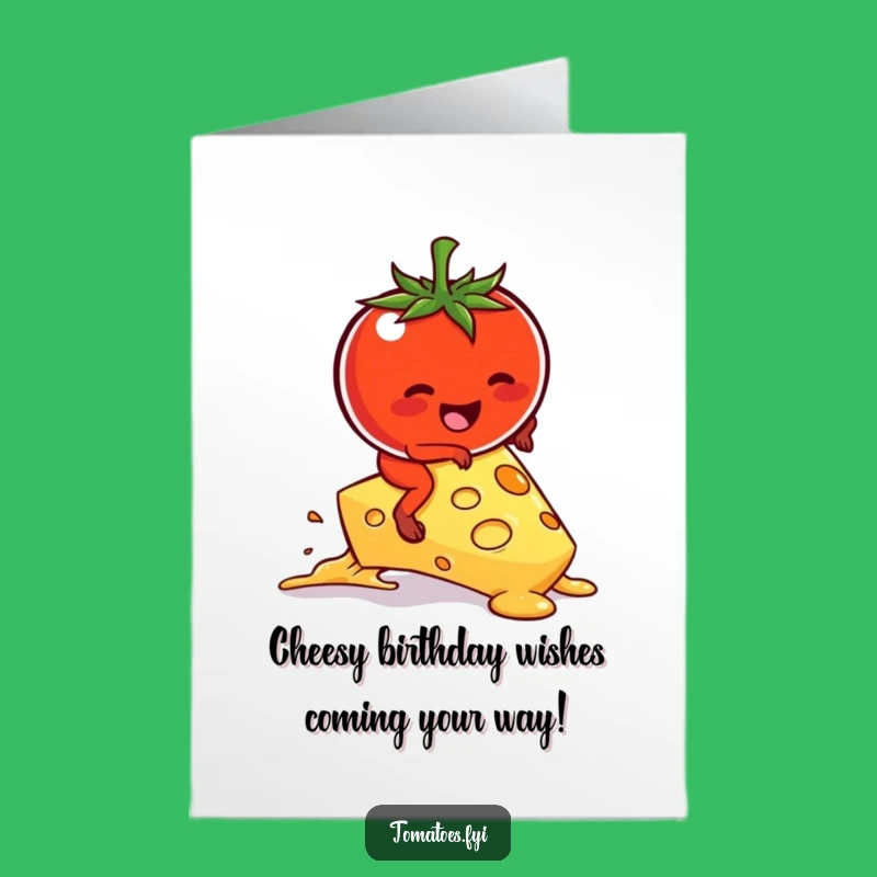 Free Printable Funny Birthday Card: Kawaii Tomato On Melting Cheese, Downloadable Gift