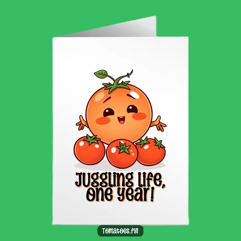Free Printable Juggling Tomato Birthday Card: Funny Veggie Balance Greeting