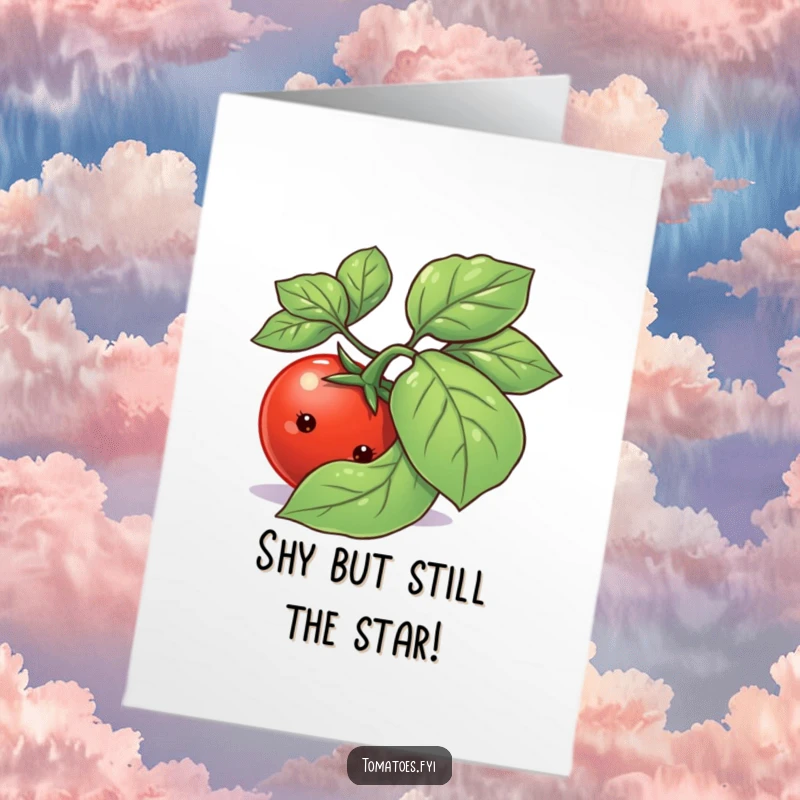 Funny Free Printable Birthday Card: Shy tomato hiding behind basil, peeking out cutely, perfect DIY surprise.