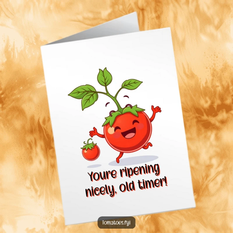 Funny Free Printable Birthday Card: Grinning tomato character playfully bouncing a tiny tomato, conveying pure birthday joy and humor.