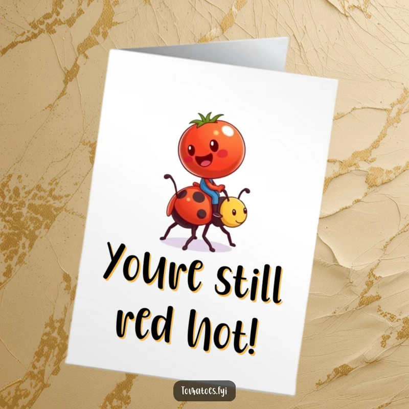 Funny Free Printable Birthday Card: Comical tomato riding a ladybug steed, exuding pure joy for a birthday celebration.
