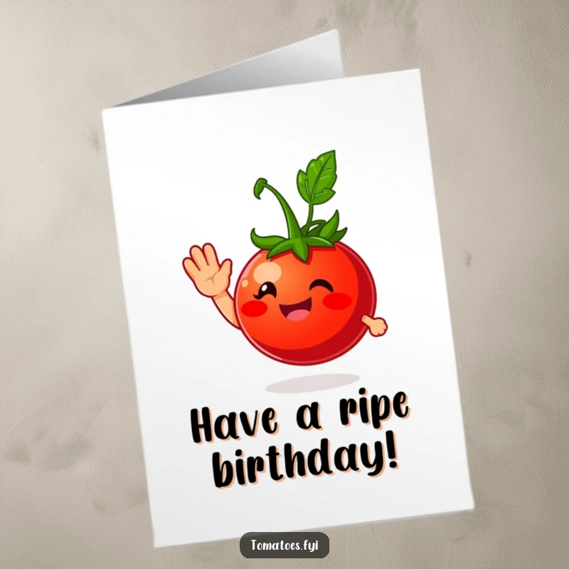 Funny Free Printable Birthday Card with a smiling tomato giving a friendly wave, a sweet and simple DIY gift.