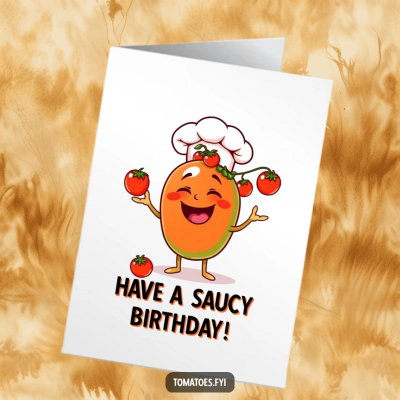 Funny Free Printable Birthday Card featuring a laughing tomato chef juggling cherry tomatoes, a hilarious and festive design.