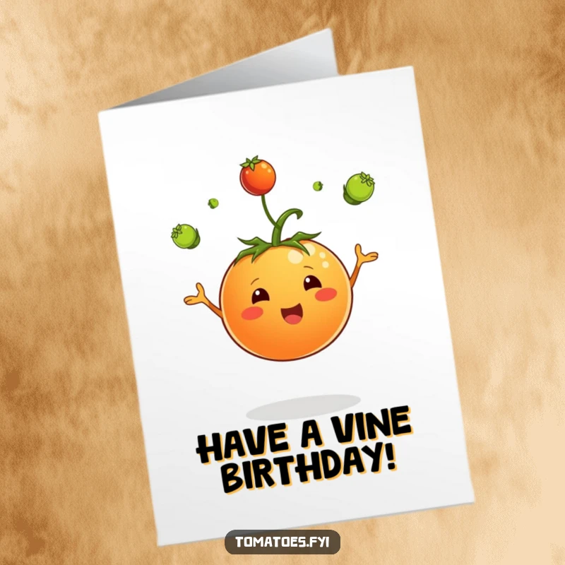 Funny free printable birthday card: a jubilant tomato character expertly juggling small green sprouts with a big grin.
