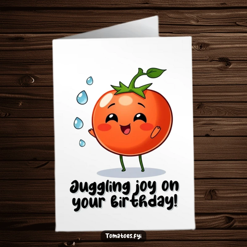 Funny Free Printable Birthday Card: Tomato character joyfully juggling tiny dew drops, celebrating a birthday with refreshing cheer.