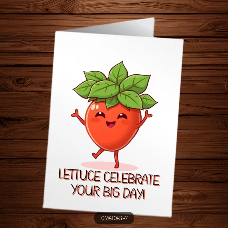 Funny Free Printable Birthday Card: A joyful tomato in a leaf hat dancing wildly, spreading birthday cheer, ready to download.