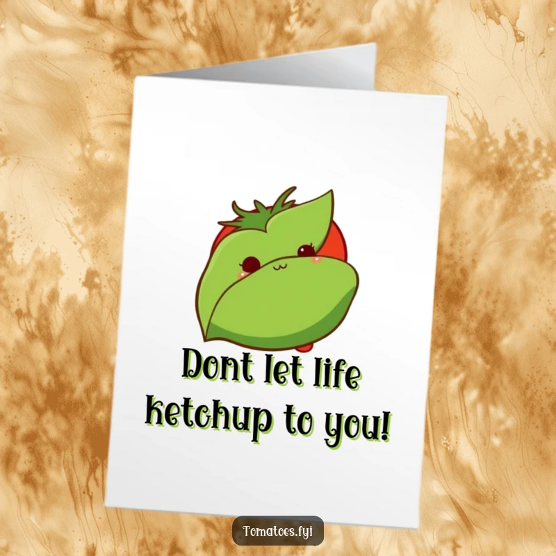 Funny Free Printable Birthday Card: A shy tomato character peeking curiously from behind lush green leaves, conveying sweet bashfulness.