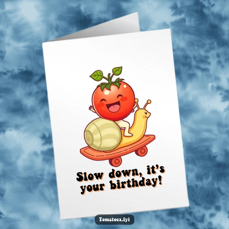 Funny Free Printable Birthday Card: Tomato character gleefully riding a snail like a rollercoaster, celebrating a birthday with slow-motion excitement.