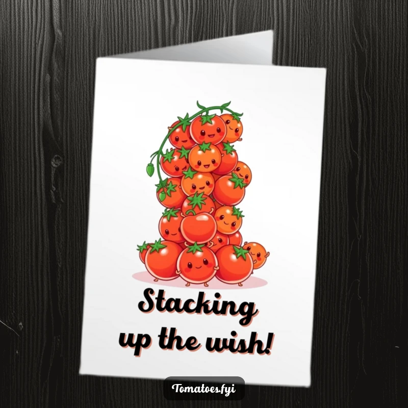 Funny Free Printable Birthday Card: Tomato characters stacking cherry tomatoes to build a wobbly tower, celebrating a birthday stack.