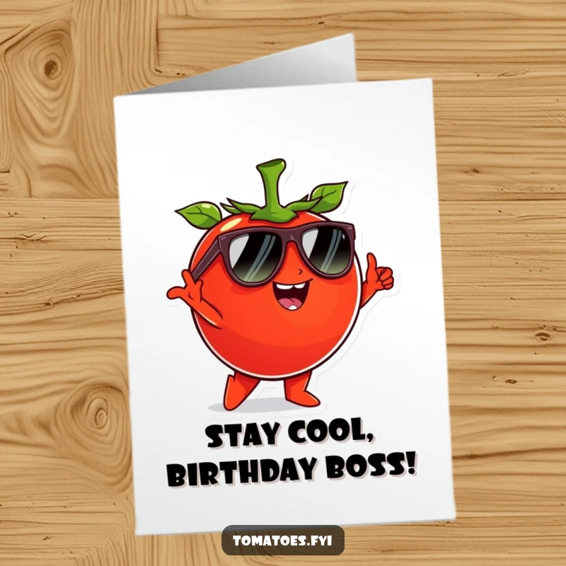 Funny Free Printable Birthday Card: A tomato in sunglasses strikes a cool pose, exuding ultimate confidence and humor.