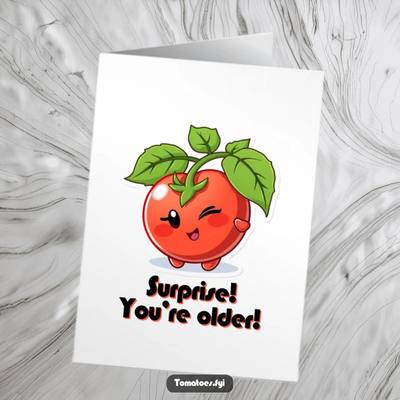 Funny Free Printable Birthday Card: Winking tomato character playfully peeking from behind a leaf, a delightful DIY gift.