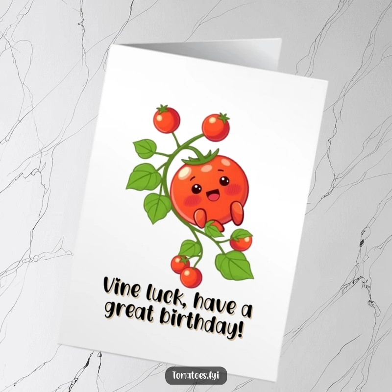 Funny Free Printable Birthday Card showing a blushing tomato character hilariously sliding down a green vine, perfect for laughs.