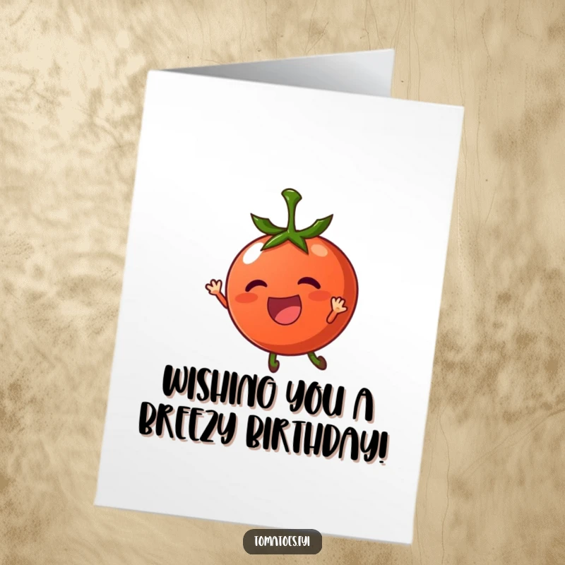 Funny free printable birthday card: A happy tomato character floating joyfully on a gentle, whimsical breeze.