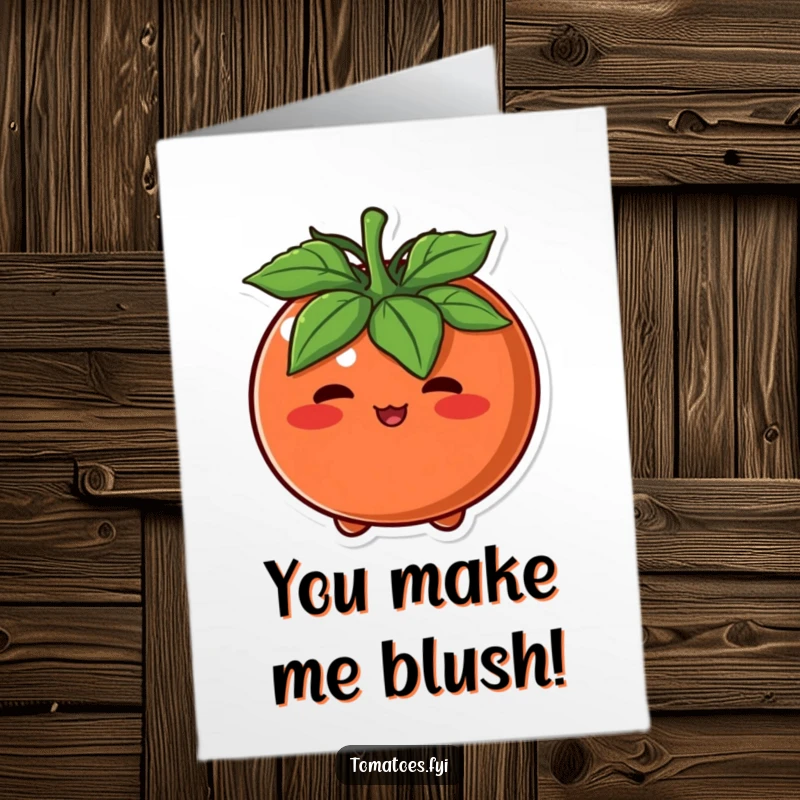 Funny Free Printable Birthday Card featuring a round tomato character blushing bright red, a shy and humorous greeting.
