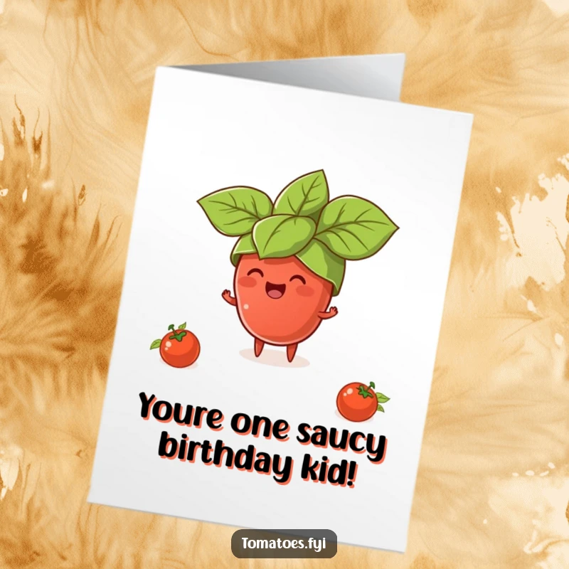 Funny Free Printable Birthday Card: Tiny tomato character gleefully wearing a giant basil leaf as a hat, expressing playful joy and humor.