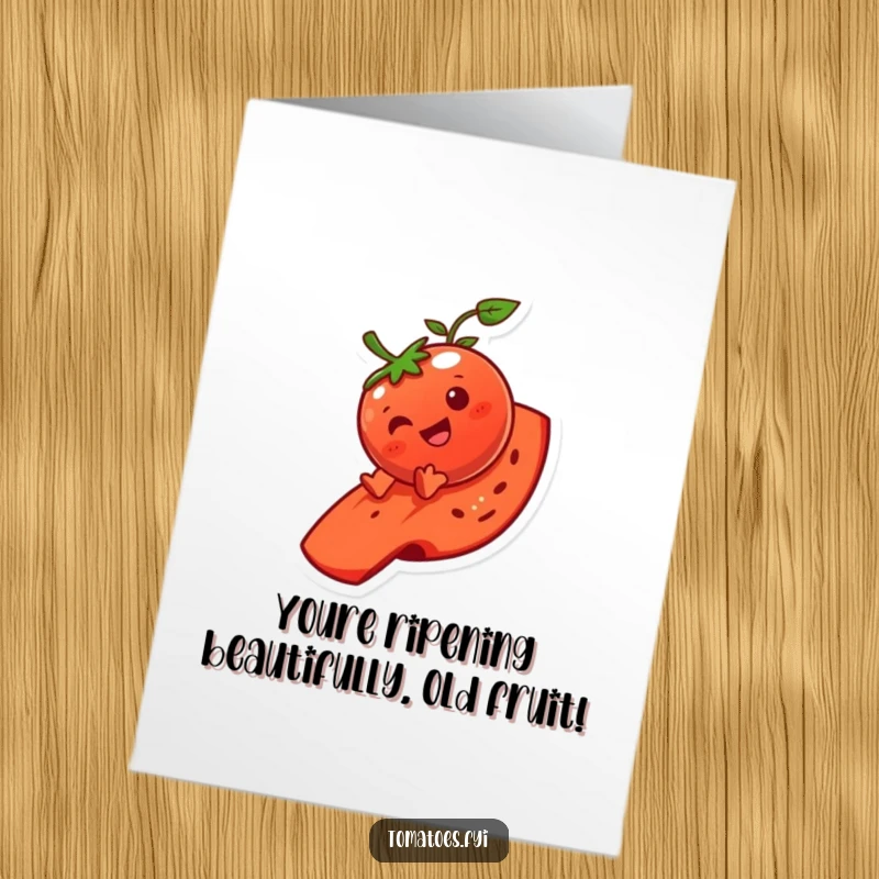 Funny Free Printable Birthday Card: A giggling tomato character joyfully slides down a juicy tomato slice, spreading laughter.
