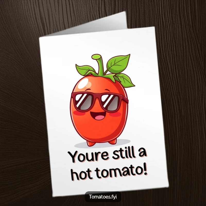 Funny Free Printable Birthday Card of a beaming tomato character wearing sunglasses on a sunny day, radiating cool vibes.
