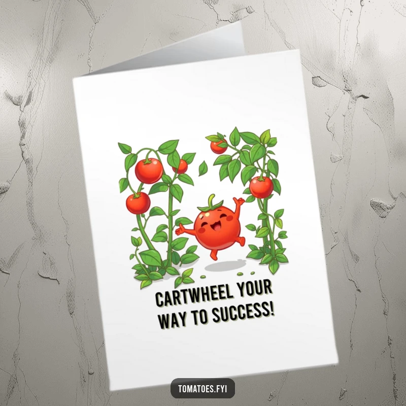Funny Free Printable Congratulations Card: A gleeful tomato character doing a cartwheel with excitement in a green setting, celebrating a wonderful achievement.