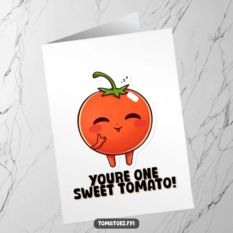 Funny Free Printable Congratulations Card: Adorable tomato character with a round face blowing a kiss, conveying warm congratulations.