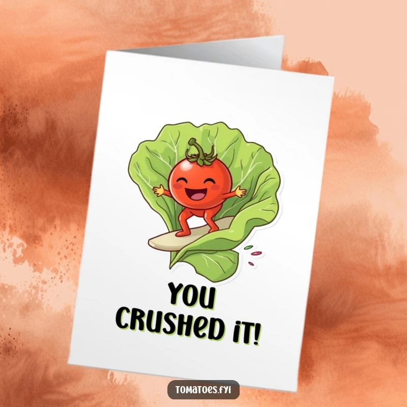 Funny Free Printable Congrats Card: A grinning tomato masterfully surfs a giant lettuce leaf, celebrating your victory.