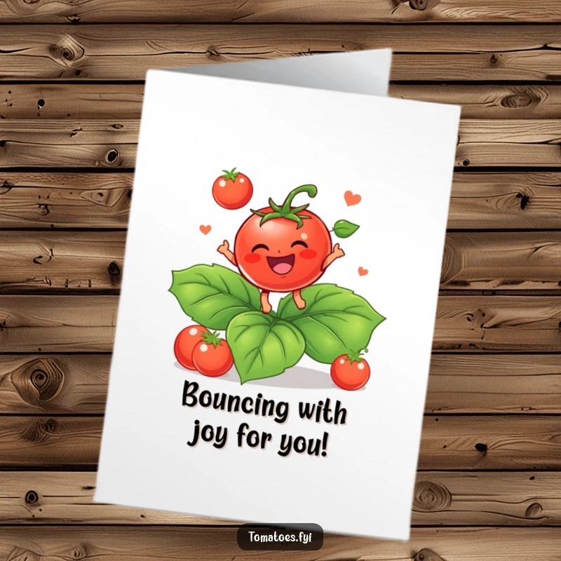 Funny Free Printable Congratulations Card featuring a delighted baby tomato character joyfully bouncing on a large leaf.
