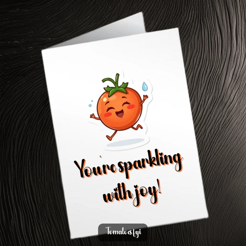 Funny Free Printable Congratulations Card: Cheerful tomato character happily skipping with a dewdrop, a unique DIY gift.