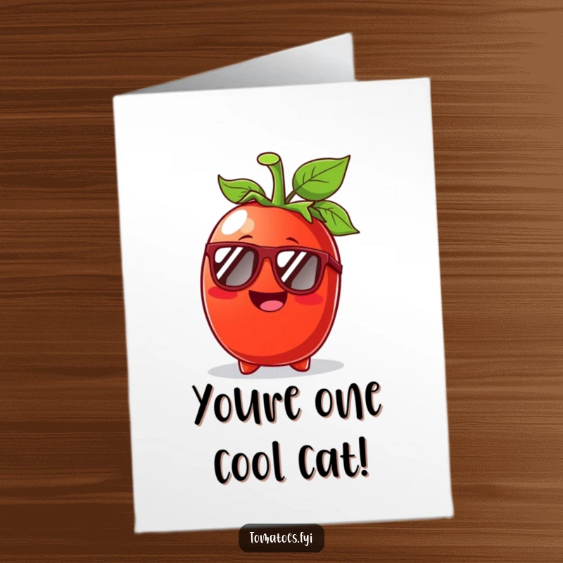 Funny Free Printable Congratulations Card of a beaming tomato character wearing sunglasses, looking effortlessly cool and ready to celebrate.