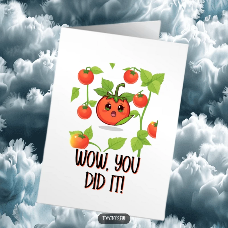 Funny Free Printable Congratulations Card of a surprised tomato character popping out from a leaf, expressing shock and excitement for good news.